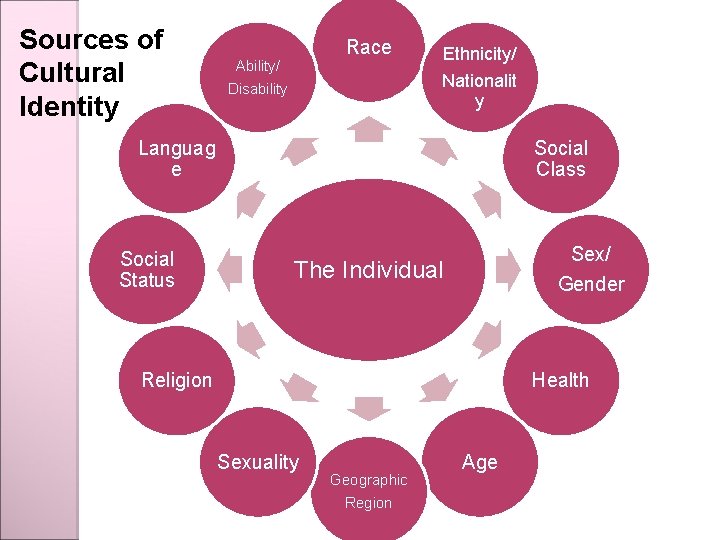 Sources of Cultural Identity Race Ability/ Disability Ethnicity/ Nationalit y Languag e Social Status