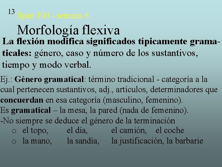 13 Span 100 - semana 6 Morfología flexiva La flexión modifica significados típicamente gramaticales: