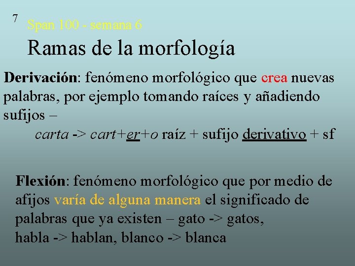 7 Span 100 - semana 6 Ramas de la morfología Derivación: fenómeno morfológico que