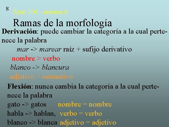 8 Span 100 - semana 6 Ramas de la morfología Derivación: puede cambiar la