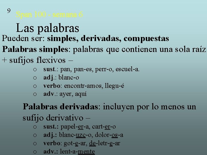 9 Span 100 - semana 6 Las palabras Pueden ser: simples, derivadas, compuestas Palabras