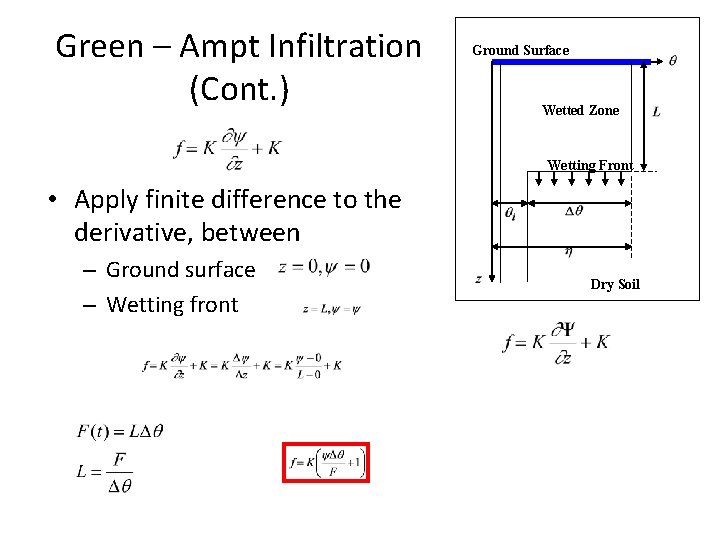 Green – Ampt Infiltration (Cont. ) Ground Surface Wetted Zone Wetting Front • Apply