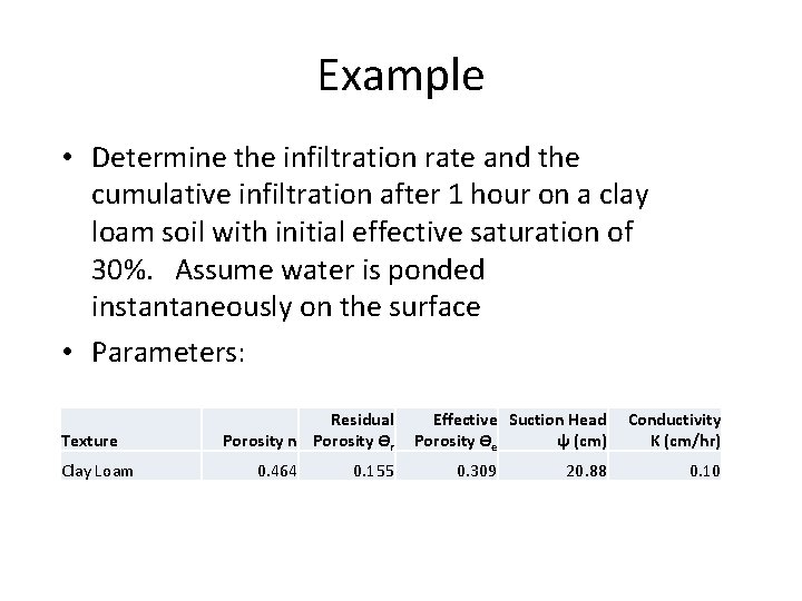 Example • Determine the infiltration rate and the cumulative infiltration after 1 hour on