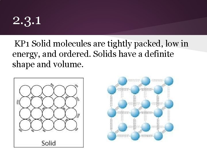 2. 3. 1 KP 1 Solid molecules are tightly packed, low in energy, and 2. 3. 1 KP 1 Solid molecules are tightly packed, low in energy, and