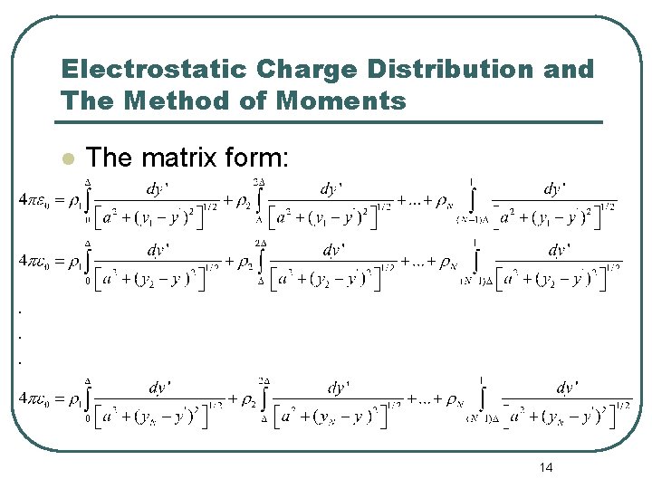 Electrostatic Charge Distribution and The Method of Moments l The matrix form: 14 