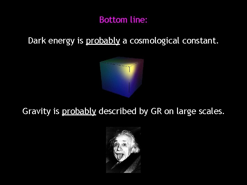 Bottom line: Dark energy is probably a cosmological constant. Gravity is probably described by