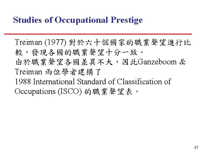 Studies of Occupational Prestige Treiman (1977) 對於六十個國家的職業聲望進行比 較，發現各國的職業聲望十分一致。 由於職業聲望各國差異不大，因此Ganzeboom & Treiman 兩位學者建構了 1988 International