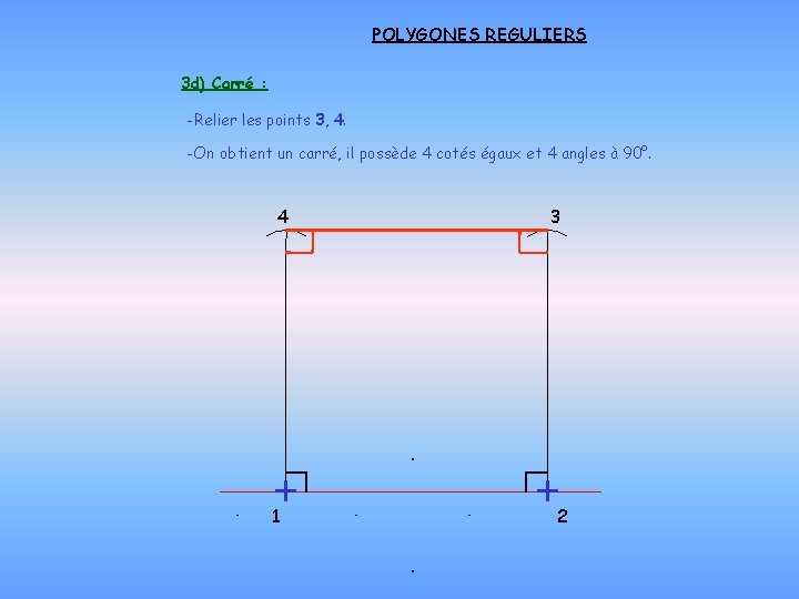 POLYGONES REGULIERS 3 d) Carré : -Relier les points 3, 4. -On obtient un