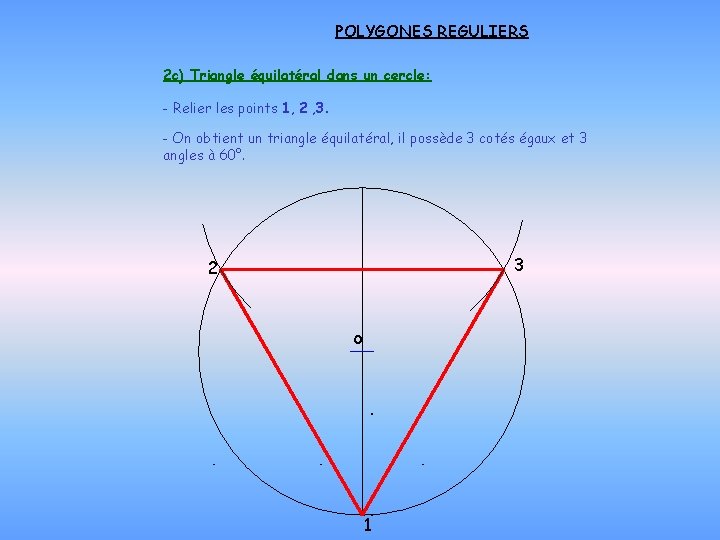 POLYGONES REGULIERS 2 c) Triangle équilatéral dans un cercle: - Relier les points 1,