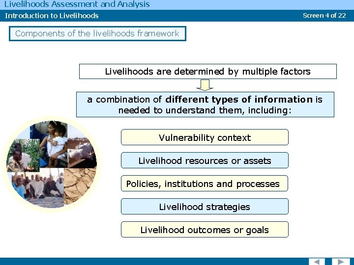 Livelihoods Assessment and Analysis Introduction to Livelihoods Screen 4 of 22 Components of the