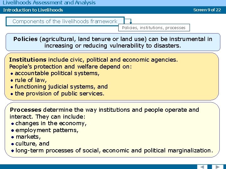 Livelihoods Assessment and Analysis Introduction to Livelihoods Screen 9 of 22 Components of the