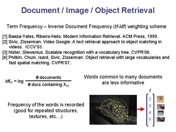 Document / Image / Object Retrieval Term Frequency – Inverse Document Frequency (tf-idf) weighting