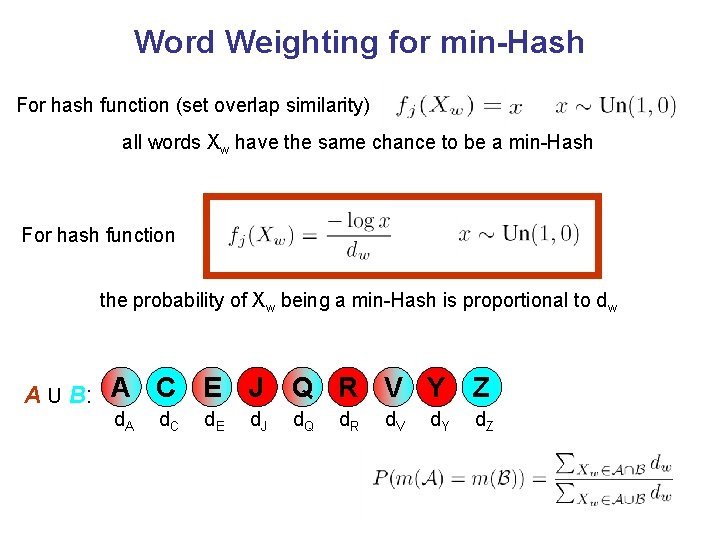 Word Weighting for min-Hash For hash function (set overlap similarity) all words Xw have