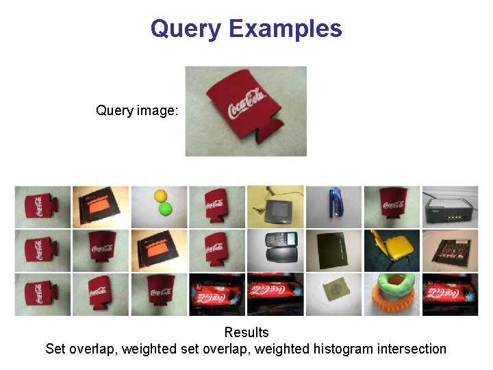 Query Examples Query image: Results Set overlap, weighted set overlap, weighted histogram intersection 