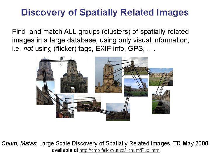 Discovery of Spatially Related Images Find and match ALL groups (clusters) of spatially related