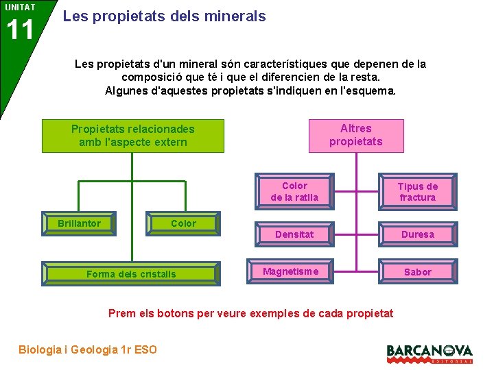 UNITAT 11 3 Les propietats dels minerals Les propietats d'un mineral són característiques que