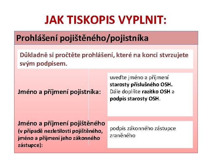 JAK TISKOPIS VYPLNIT: Prohlášení pojištěného/pojistníka Důkladně si pročtěte prohlášení, které na konci stvrzujete svým