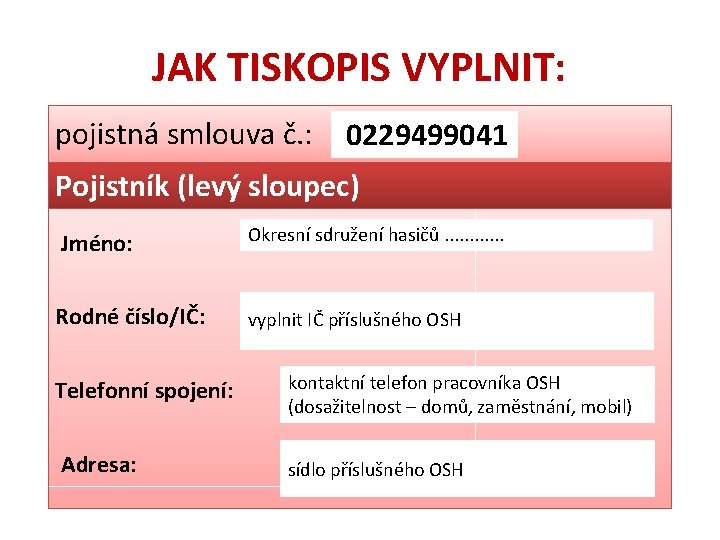 JAK TISKOPIS VYPLNIT: pojistná smlouva č. : 0229499041 Pojistník (levý sloupec) Jméno: Okresní sdružení