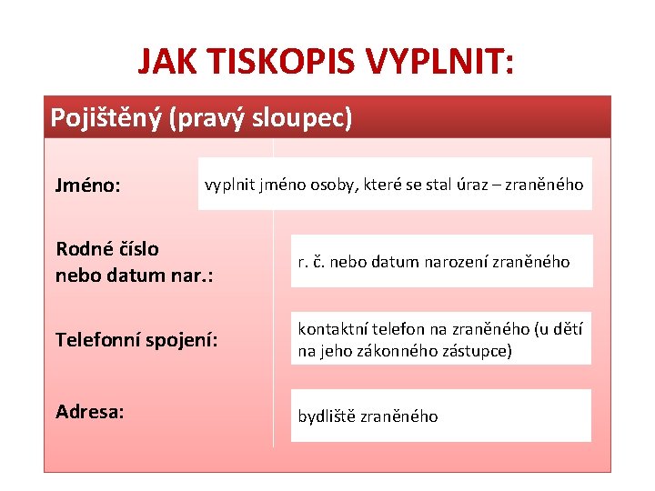 JAK TISKOPIS VYPLNIT: Pojištěný (pravý sloupec) Jméno: vyplnit jméno osoby, které se stal úraz