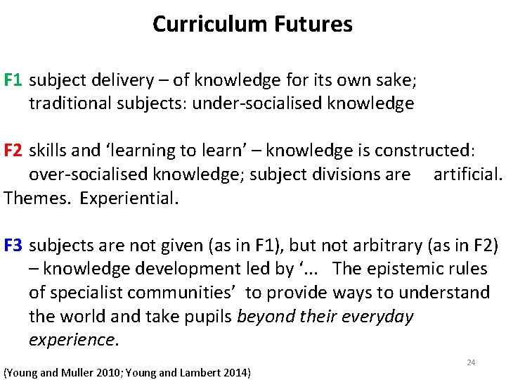 Curriculum Futures F 1 subject delivery – of knowledge for its own sake; traditional