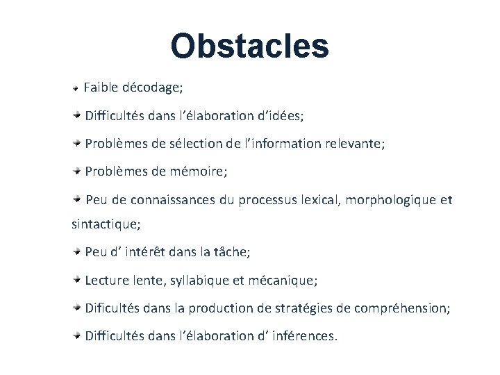 Obstacles Faible décodage; Difficultés dans l’élaboration d’idées; Problèmes de sélection de l’information relevante; Problèmes