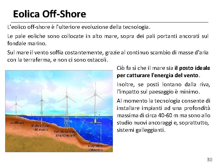 Eolica Off-Shore L'eolico off-shore è l'ulteriore evoluzione della tecnologia. Le pale eoliche sono collocate