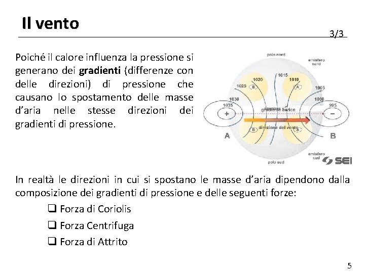 Il vento 3/3 Poiché il calore influenza la pressione si generano dei gradienti (differenze