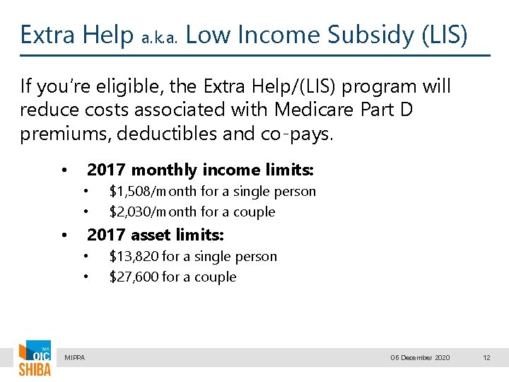 Extra Help a. k. a. Low Income Subsidy (LIS) If you’re eligible, the Extra