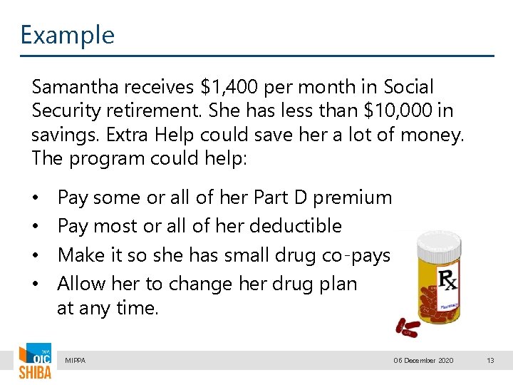 Example Samantha receives $1, 400 per month in Social Security retirement. She has less