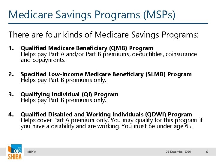 Medicare Savings Programs (MSPs) There are four kinds of Medicare Savings Programs: 1. Qualified