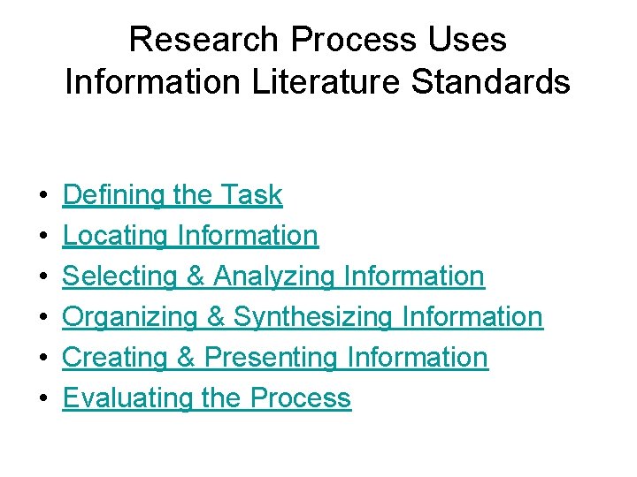 Research Process Uses Information Literature Standards • • • Defining the Task Locating Information