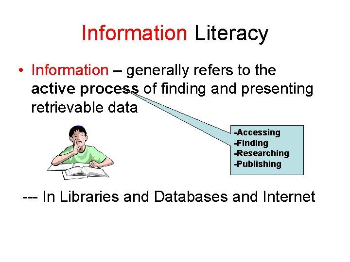 Information Literacy • Information – generally refers to the active process of finding and