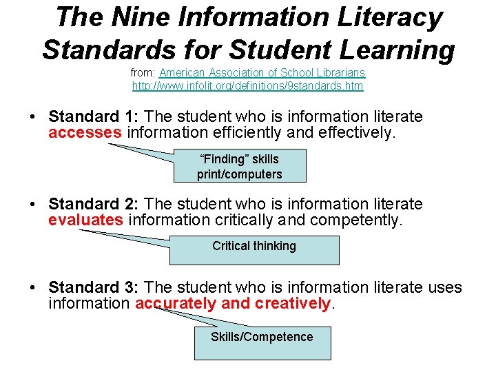 The Nine Information Literacy Standards for Student Learning from: American Association of School Librarians