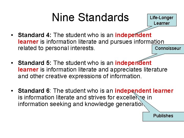 Nine Standards Life-Longer Learner • Standard 4: The student who is an independent learner
