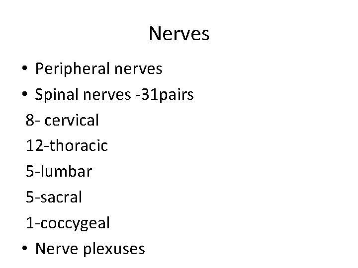 Nerves • Peripheral nerves • Spinal nerves -31 pairs 8 - cervical 12 -thoracic