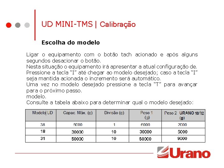 UD MINI-TMS | Calibração Escolha do modelo Ligar o equipamento com o botão tach UD MINI-TMS | Calibração Escolha do modelo Ligar o equipamento com o botão tach