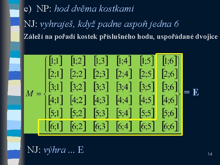 e) NP: hod dvěma kostkami NJ: vyhraješ, když padne aspoň jedna 6 Záleží na