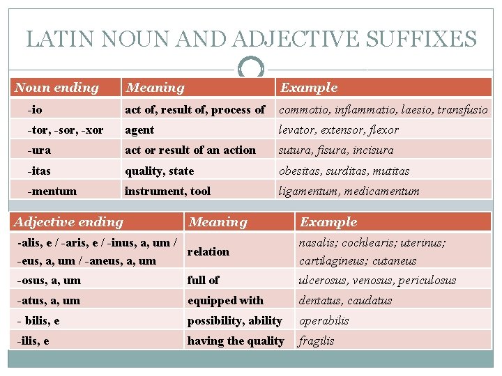 LATIN NOUN AND ADJECTIVE SUFFIXES Noun ending Meaning Example -io act of, result of, LATIN NOUN AND ADJECTIVE SUFFIXES Noun ending Meaning Example -io act of, result of,