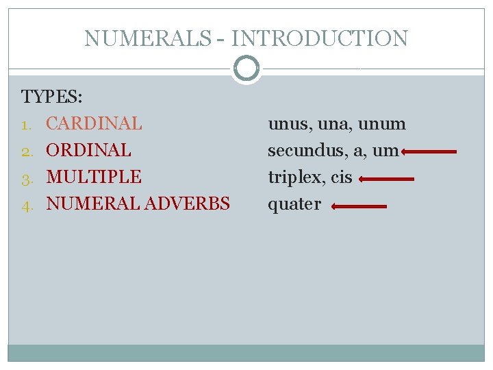 NUMERALS - INTRODUCTION TYPES: 1. CARDINAL 2. ORDINAL 3. MULTIPLE 4. NUMERAL ADVERBS unus, NUMERALS - INTRODUCTION TYPES: 1. CARDINAL 2. ORDINAL 3. MULTIPLE 4. NUMERAL ADVERBS unus,