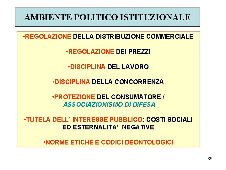 AMBIENTE POLITICO ISTITUZIONALE • REGOLAZIONE DELLA DISTRIBUZIONE COMMERCIALE • REGOLAZIONE DEI PREZZI • DISCIPLINA