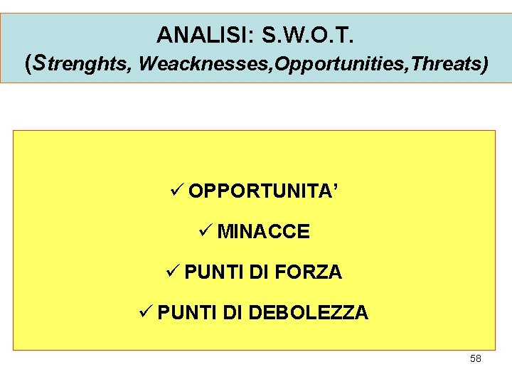 ANALISI: S. W. O. T. (Strenghts, Weacknesses, Opportunities, Threats) ü OPPORTUNITA’ ü MINACCE ü