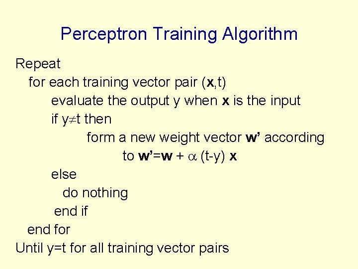 Perceptron Training Algorithm Repeat for each training vector pair (x, t) evaluate the output Perceptron Training Algorithm Repeat for each training vector pair (x, t) evaluate the output