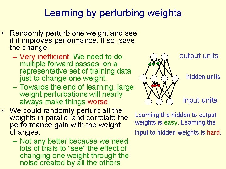 Learning by perturbing weights • Randomly perturb one weight and see if it improves Learning by perturbing weights • Randomly perturb one weight and see if it improves