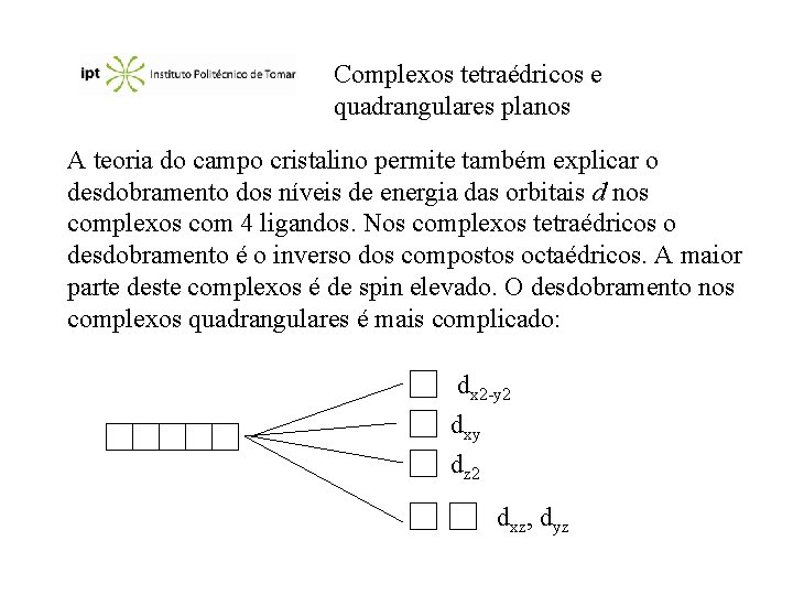 Complexos tetraédricos e quadrangulares planos A teoria do campo cristalino permite também explicar o