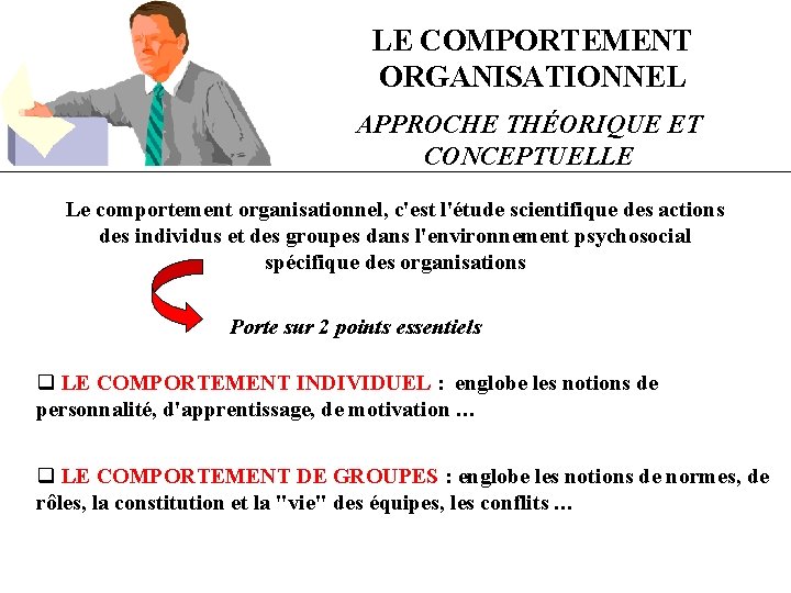 LE COMPORTEMENT ORGANISATIONNEL APPROCHE THÉORIQUE ET CONCEPTUELLE Le comportement organisationnel, c'est l'étude scientifique des