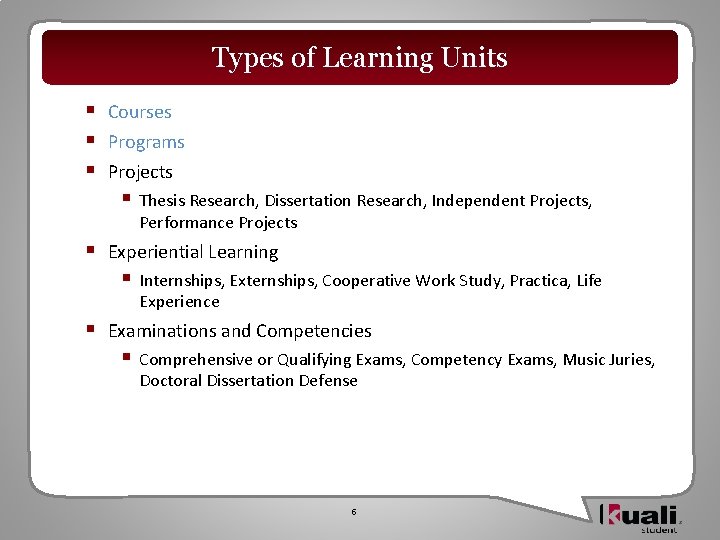 Types of Learning Units § § § Courses Programs Projects § § Experiential Learning