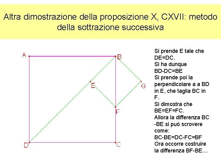 Altra dimostrazione della proposizione X, CXVII: metodo della sottrazione successiva Si prende E tale