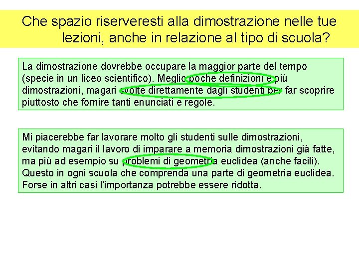 Che spazio riserveresti alla dimostrazione nelle tue lezioni, anche in relazione al tipo di