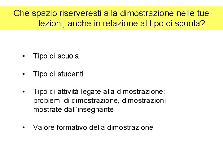 Che spazio riserveresti alla dimostrazione nelle tue lezioni, anche in relazione al tipo di