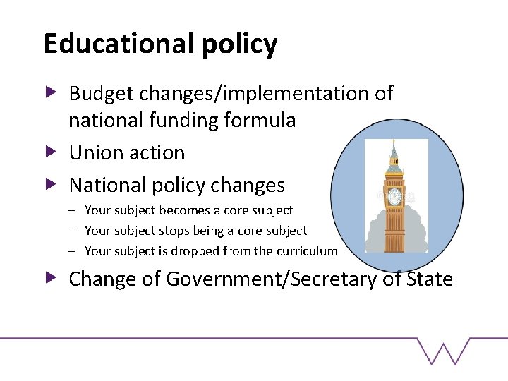 Educational policy Budget changes/implementation of national funding formula Union action National policy changes –